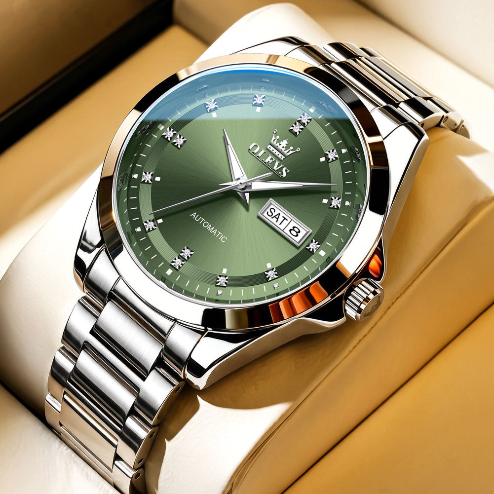 Silver Green watch studio closeup - OLEVS 7136