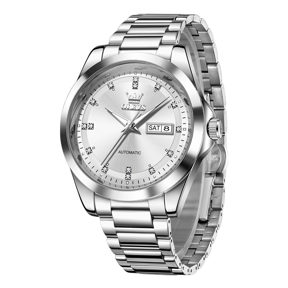 Silver White automatic day date watch front view - OLEVS 7136