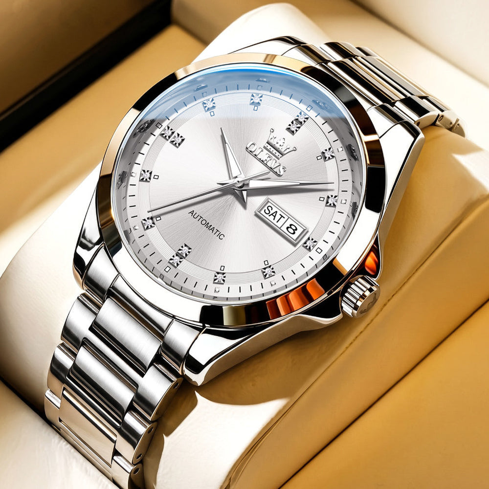 Silver White watch studio closeup - OLEVS 7136