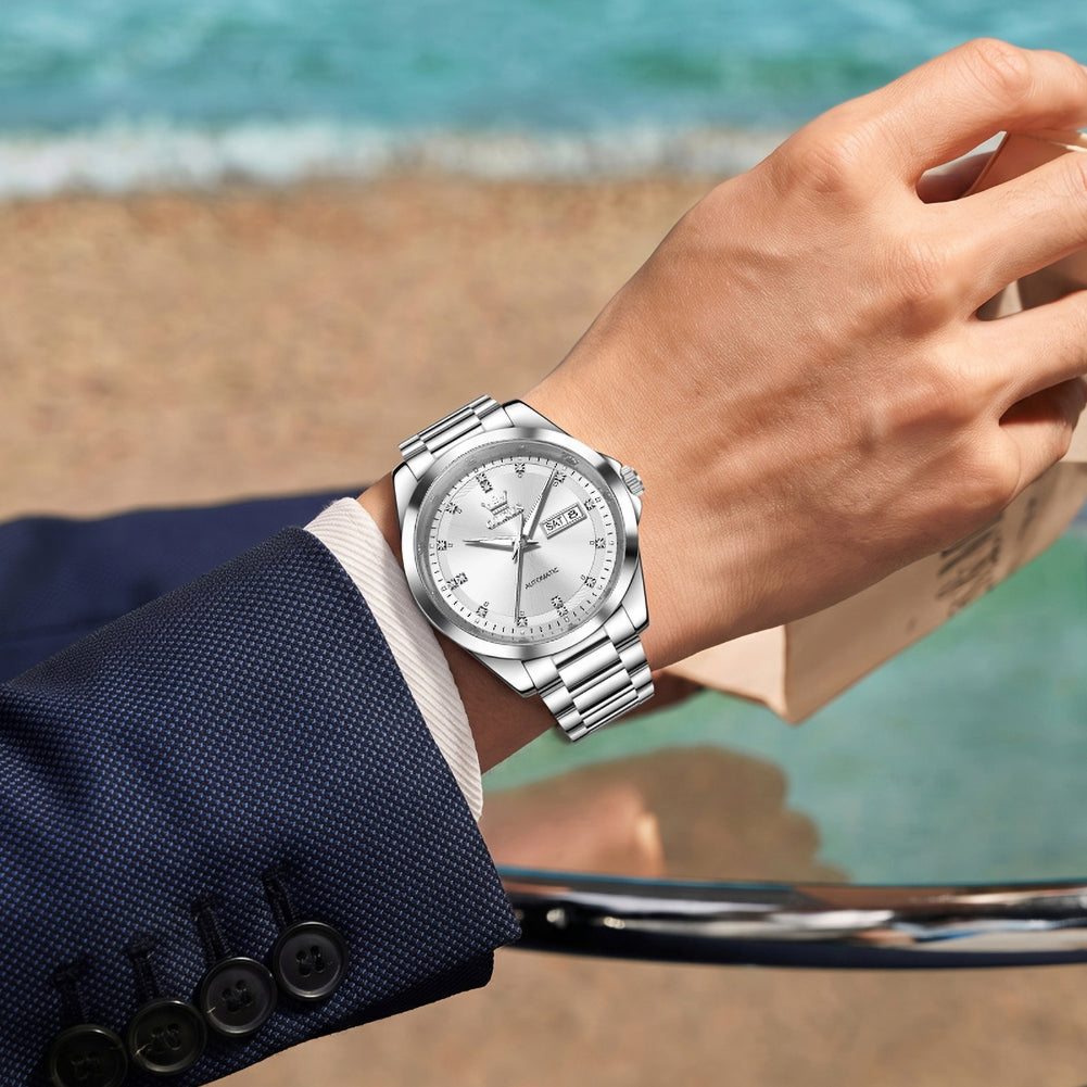Silver White watch worn on wrist - OLEVS 7136