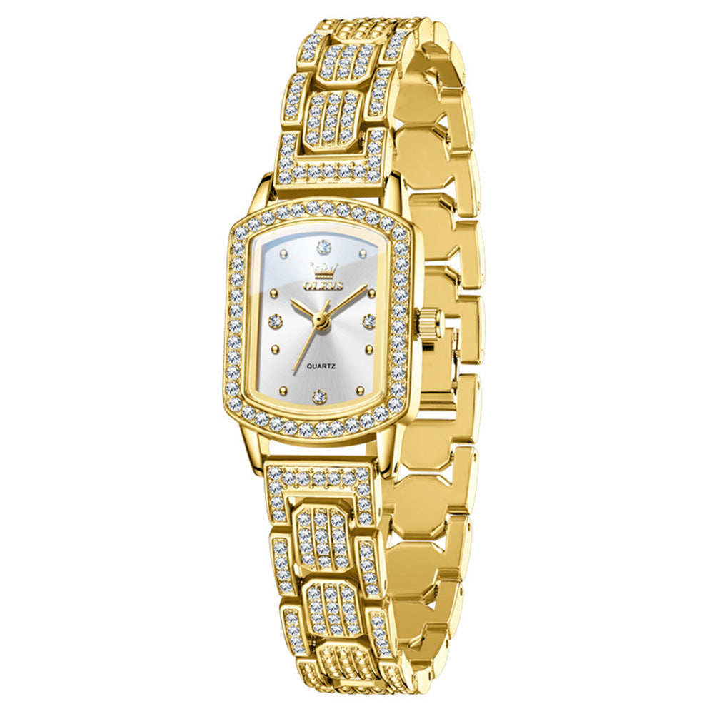 gold tone women's quartz watch with silver dial and zirconia accents - OLEVS 7142