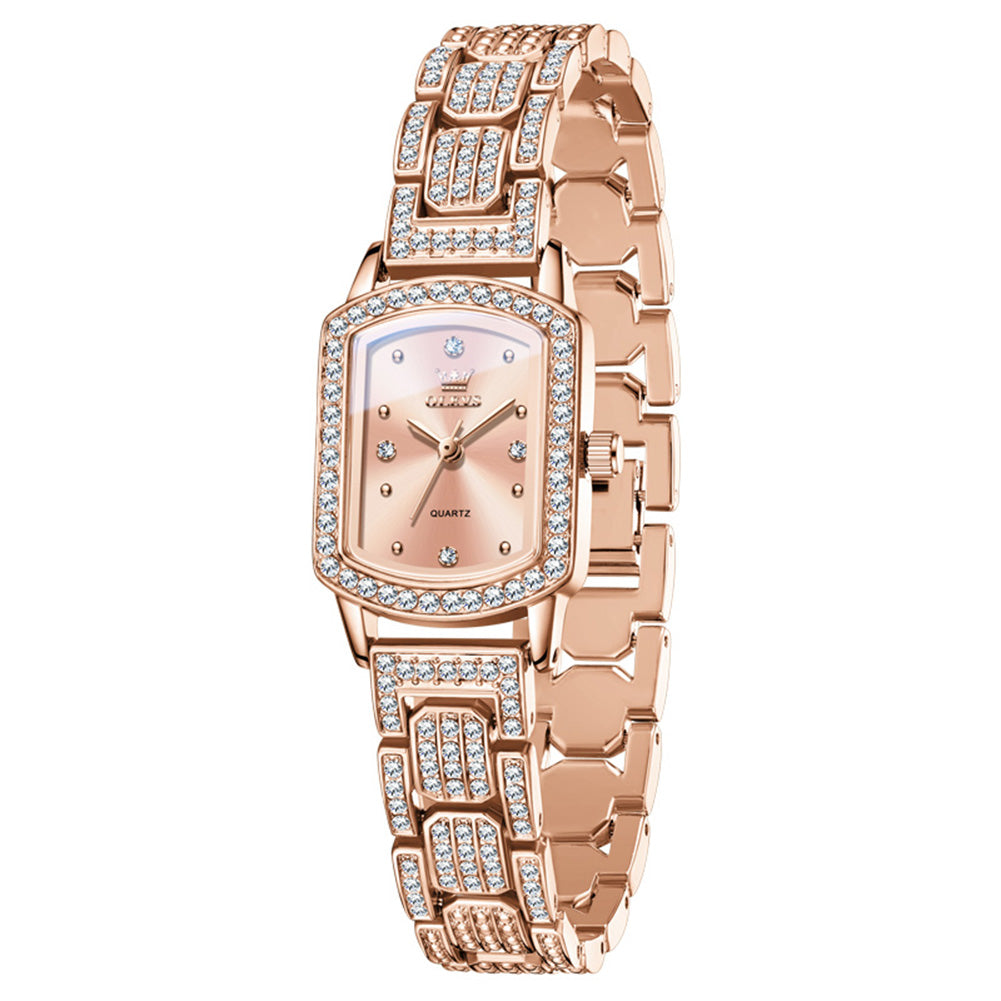 rose gold women's quartz watch with pink dial and zirconia accented bracelet - OLEVS 7142