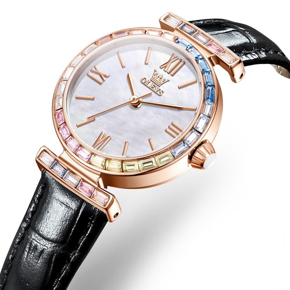 OLEVS 9007 Rainbow Bezel Mother of Pearl Leather Quartz Watch for Women - Rose Gold Black Watch | Olevs Watch Store