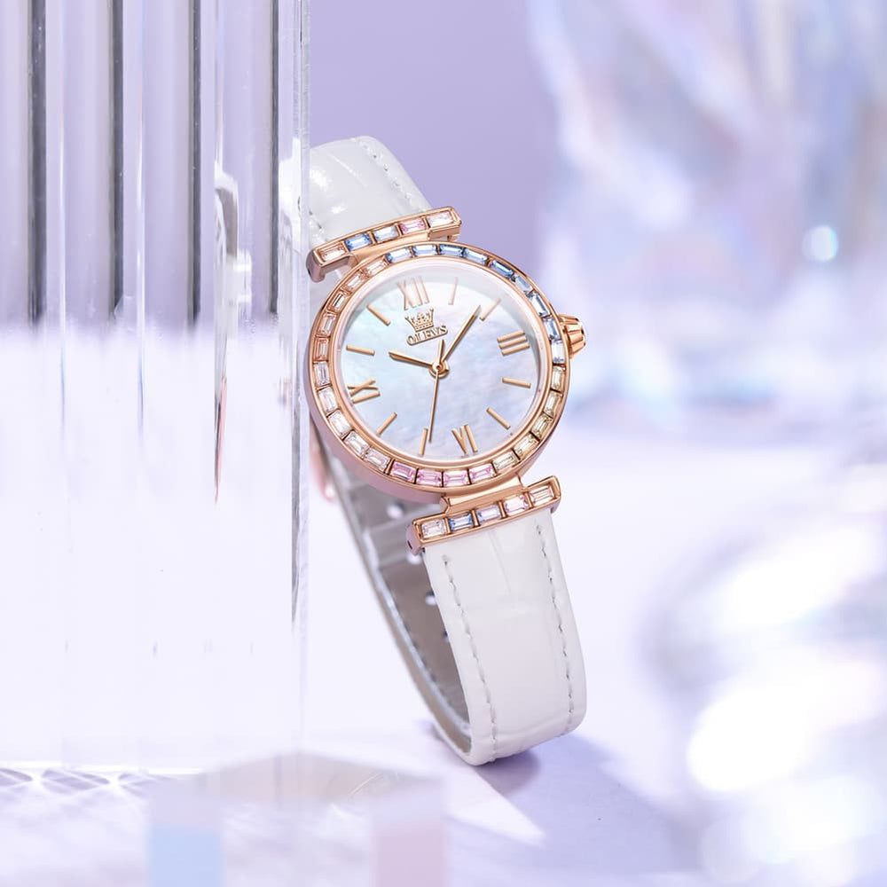 OLEVS 9007 Rainbow Bezel Mother of Pearl Leather Quartz Watch for Women - Rose Gold White Watch | Olevs Watch Store