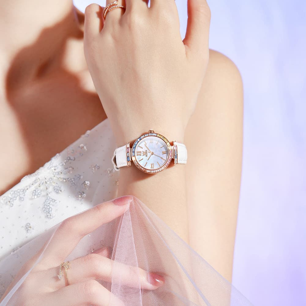 OLEVS 9007 Rainbow Bezel Mother of Pearl Leather Quartz Watch for Women - Rose Gold White Watch | Olevs Watch Store