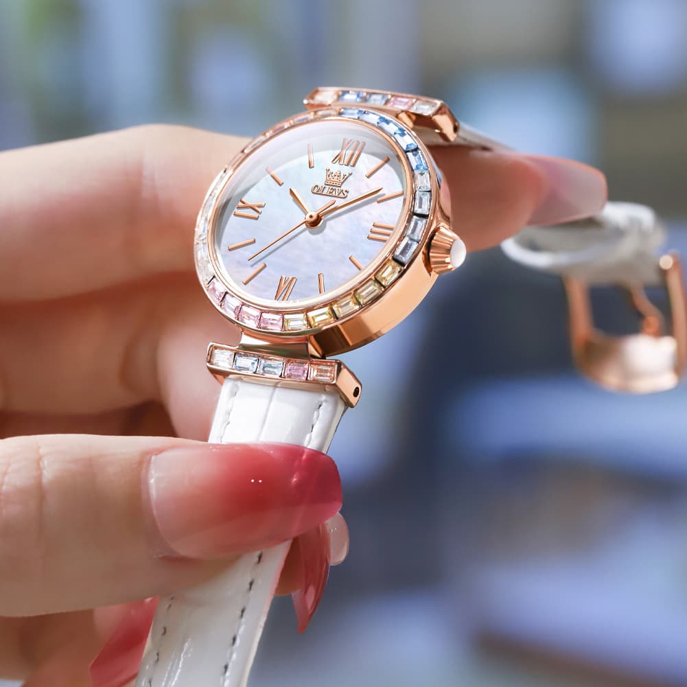 OLEVS 9007 Rainbow Bezel Mother of Pearl Leather Quartz Watch for Women - Rose Gold White Watch | Olevs Watch Store