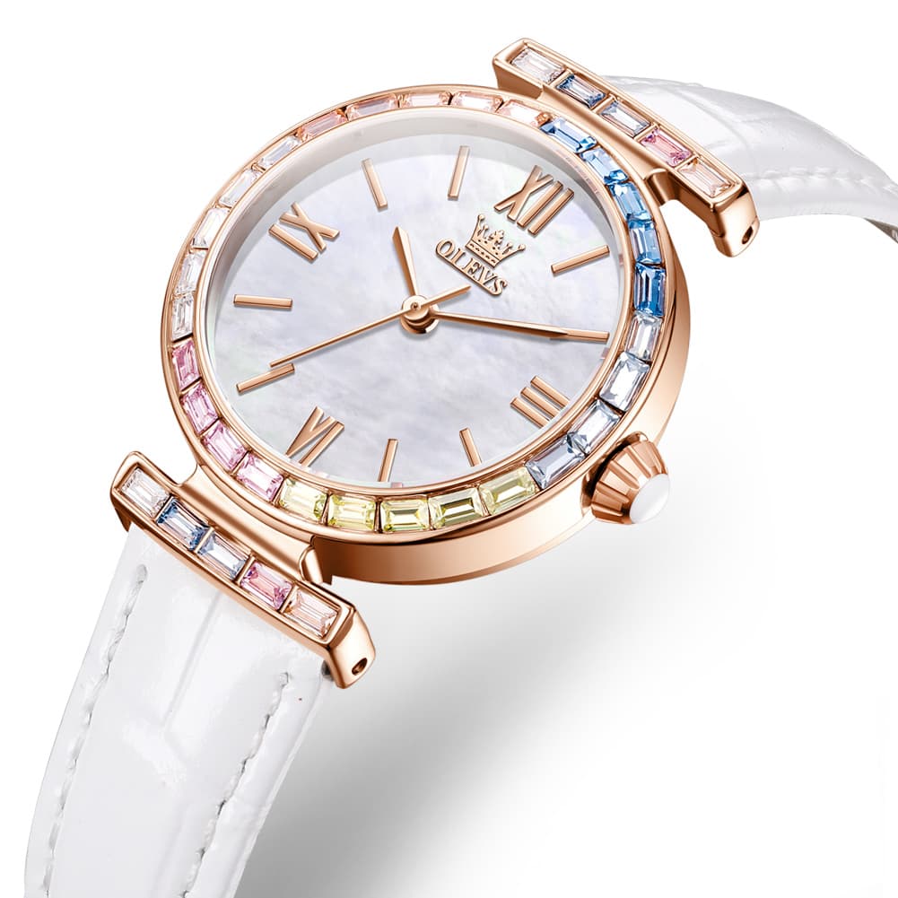 OLEVS 9007 Rainbow Bezel Mother of Pearl Leather Quartz Watch for Women - Rose Gold White Watch | Olevs Watch Store