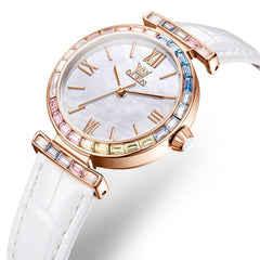 OLEVS 9007 Rainbow Bezel Mother of Pearl Leather Quartz Watch for Women - Rose Gold White Watch | Olevs Watch Store