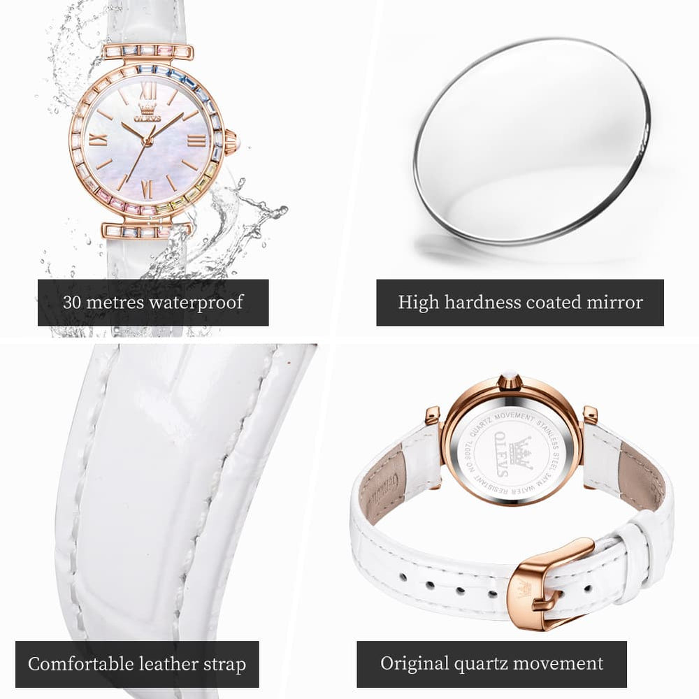 OLEVS 9007 Rainbow Bezel Mother of Pearl Leather Quartz Watch for Women - Rose Gold White Watch | Olevs Watch Store