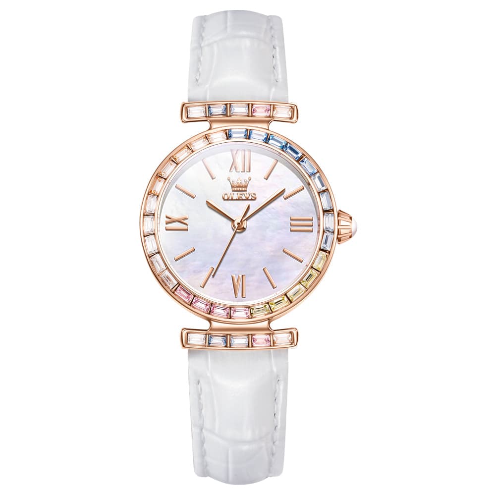 OLEVS 9007 Rainbow Bezel Mother of Pearl Leather Quartz Watch for Women - Rose Gold White Watch | Olevs Watch Store