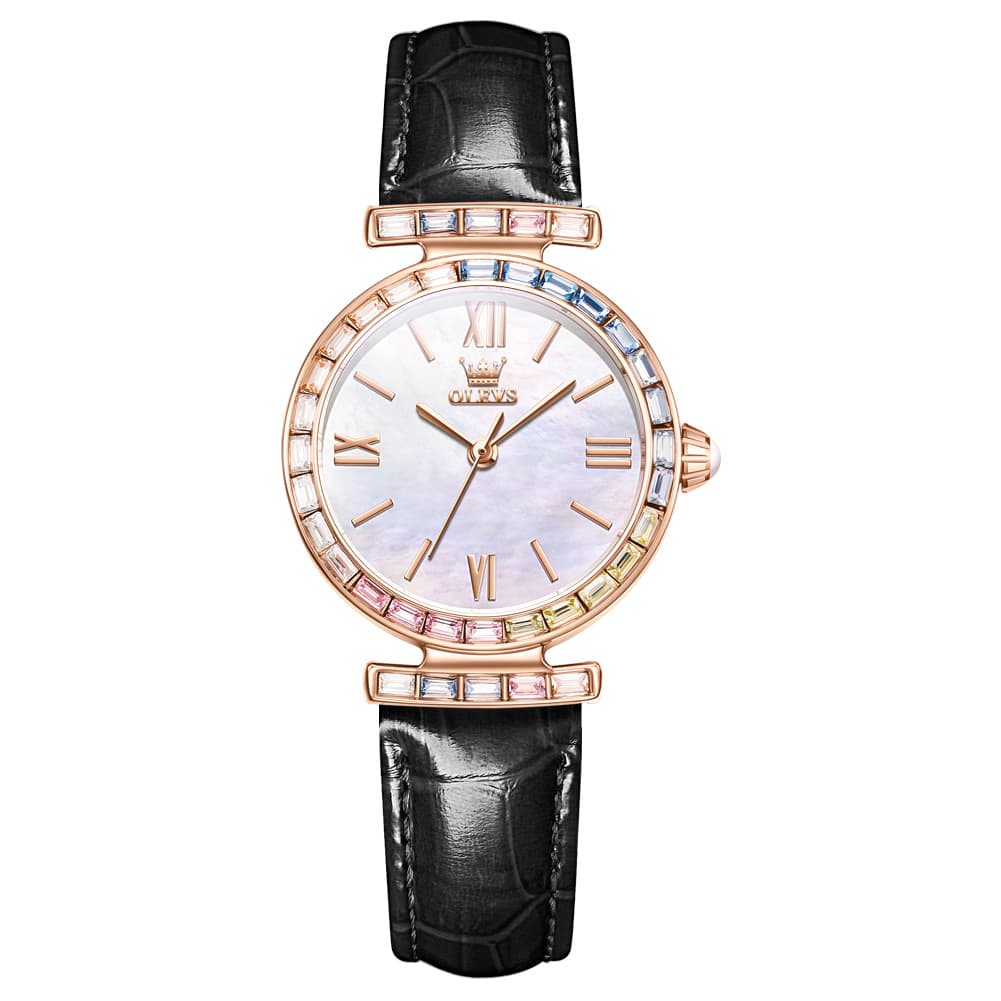 OLEVS 9007 Rainbow Bezel Mother of Pearl Leather Quartz Watch for Women - Rose Gold White Watch | Olevs Watch Store