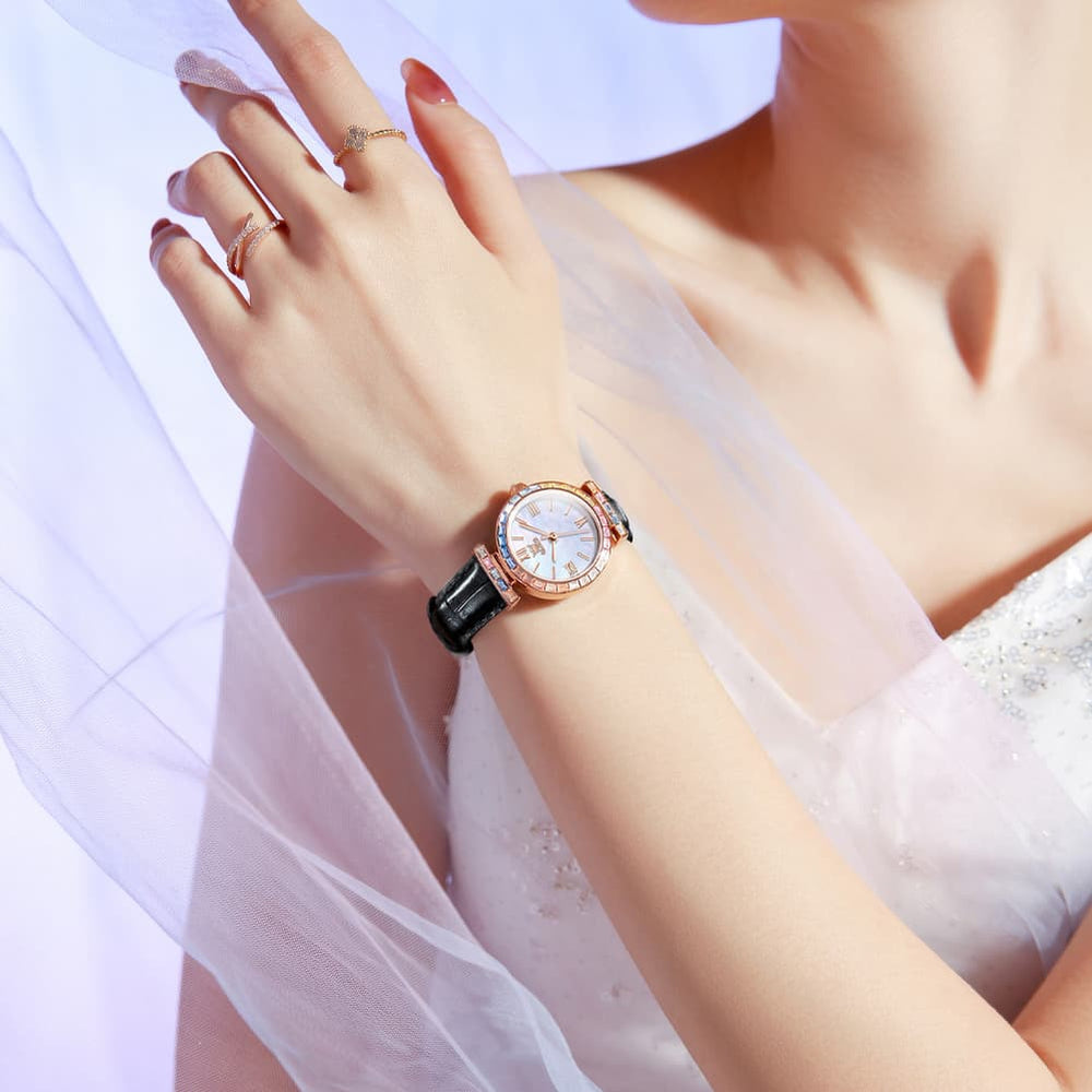 OLEVS 9007 Rainbow Bezel Mother of Pearl Leather Quartz Watch for Women - Rose Gold White Watch | Olevs Watch Store
