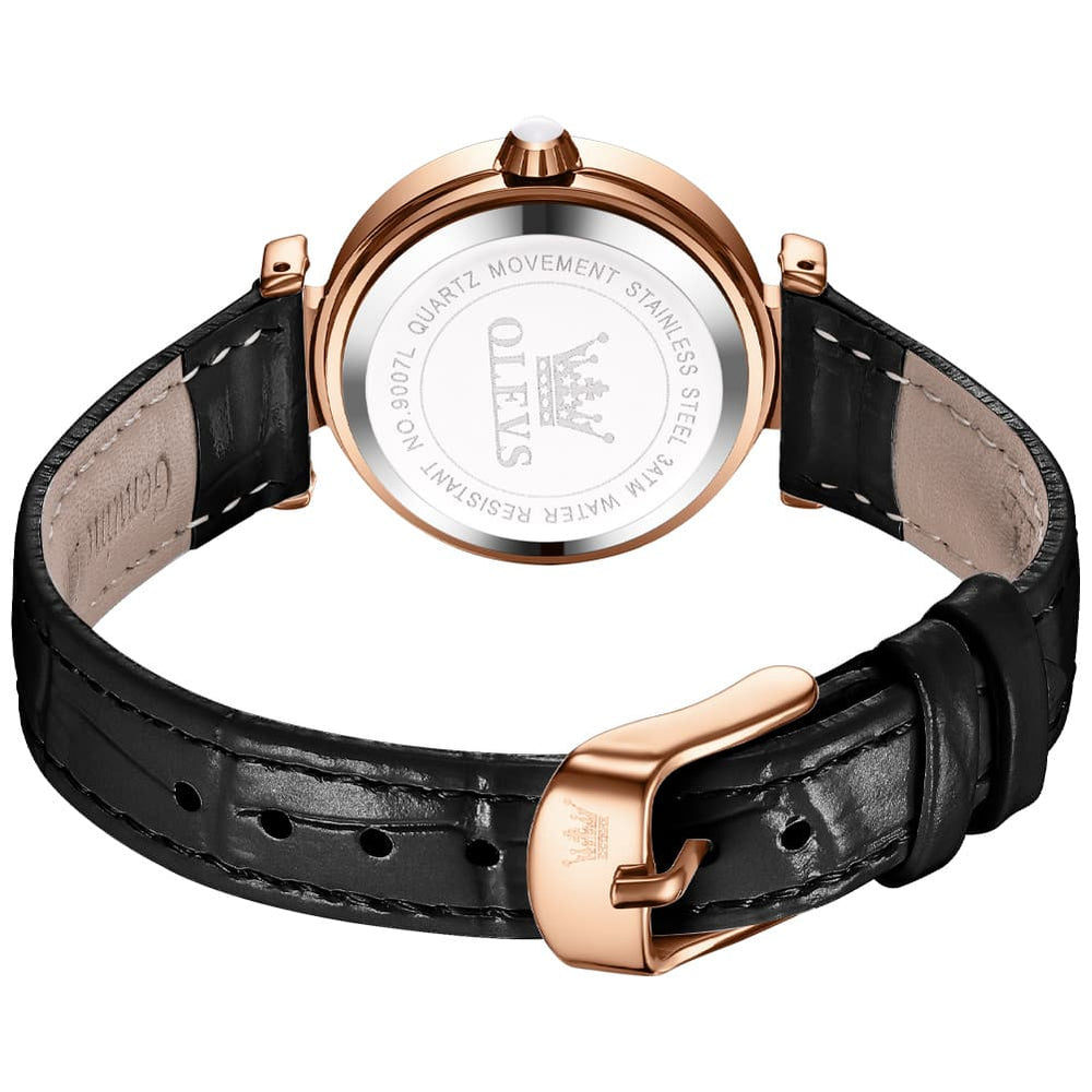 OLEVS 9007 Rainbow Bezel Mother of Pearl Leather Quartz Watch for Women - Rose Gold White Watch | Olevs Watch Store