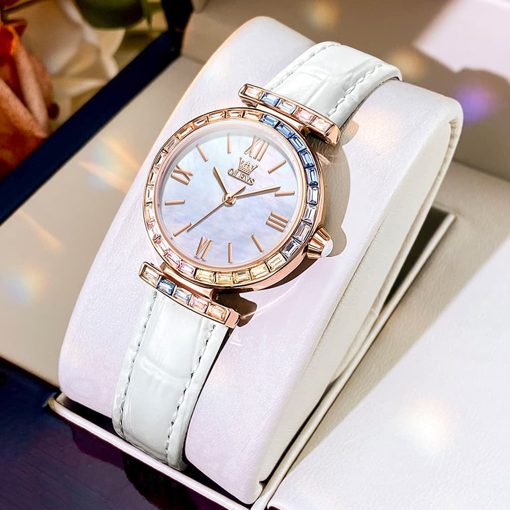 OLEVS 9007 Rainbow Bezel Mother of Pearl Leather Quartz Watch for Women - Rose Gold White Watch | Olevs Watch Store