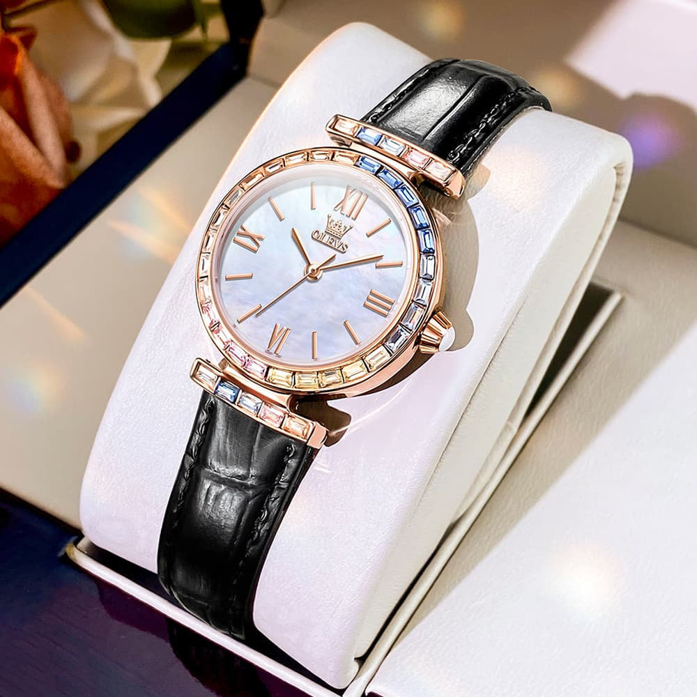 OLEVS 9007 Rainbow Bezel Mother of Pearl Leather Quartz Watch for Women - Rose Gold White Watch | Olevs Watch Store