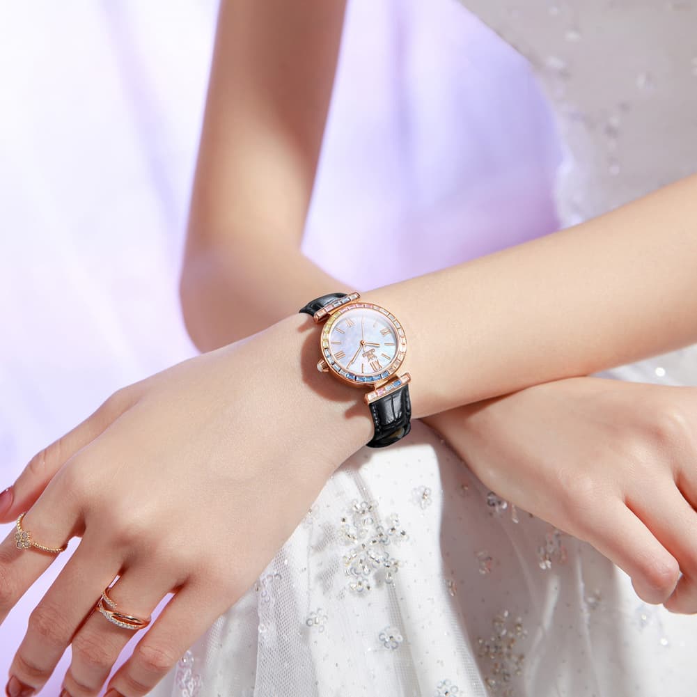 OLEVS 9007 Rainbow Bezel Mother of Pearl Leather Quartz Watch for Women - Rose Gold White Watch | Olevs Watch Store