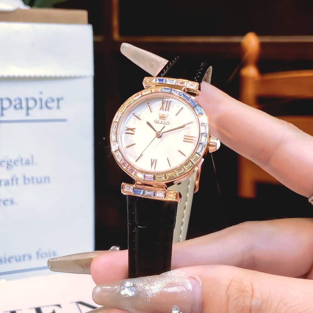 OLEVS 9007 Rainbow Bezel Mother of Pearl Leather Quartz Watch for Women - Rose Gold White Watch | Olevs Watch Store