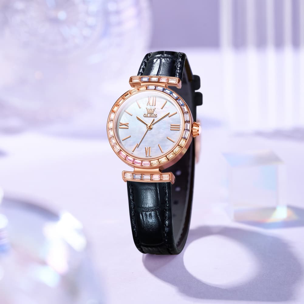 OLEVS 9007 Rainbow Bezel Mother of Pearl Leather Quartz Watch for Women - Rose Gold White Watch | Olevs Watch Store