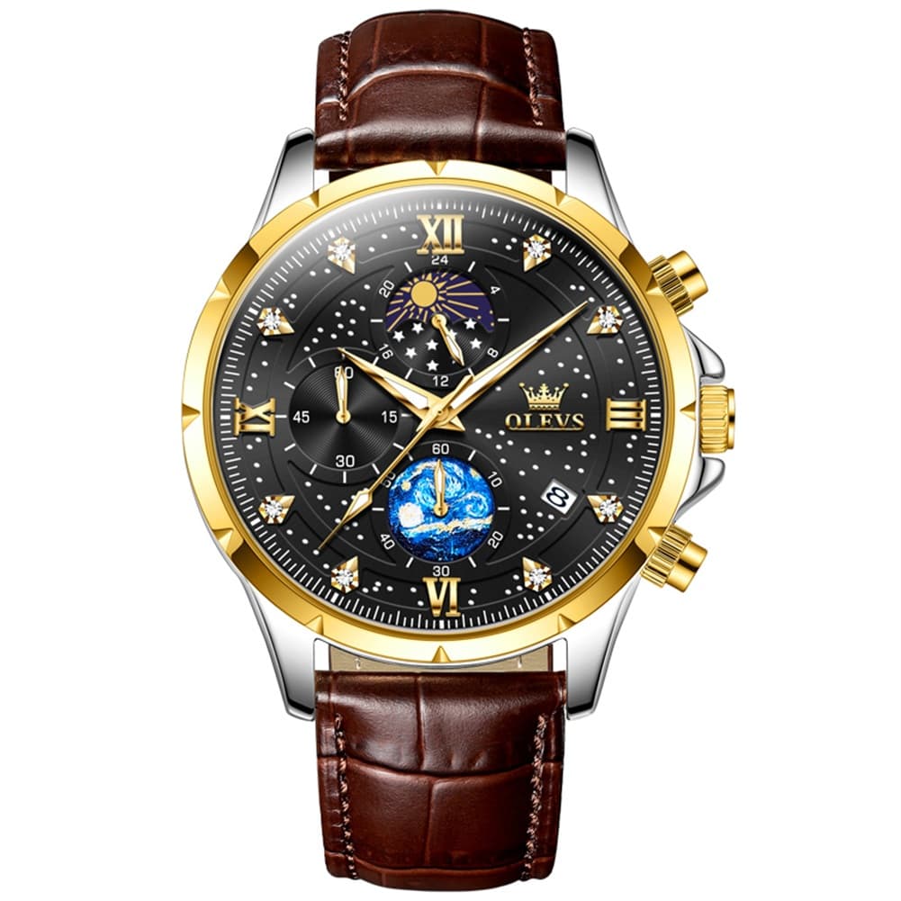 OLEVS 9807 Starry Moon Phase Chronograph Quartz Watch for Men - Two Tone Gold Blue Steel Watch | Olevs Watch Store