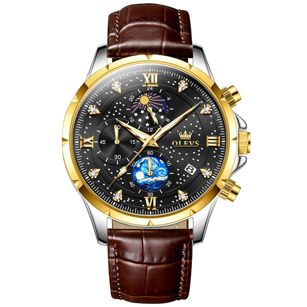 OLEVS 9807 Starry Moon Phase Chronograph Quartz Watch for Men - Two Tone Gold Blue Steel Watch | Olevs Watch Store