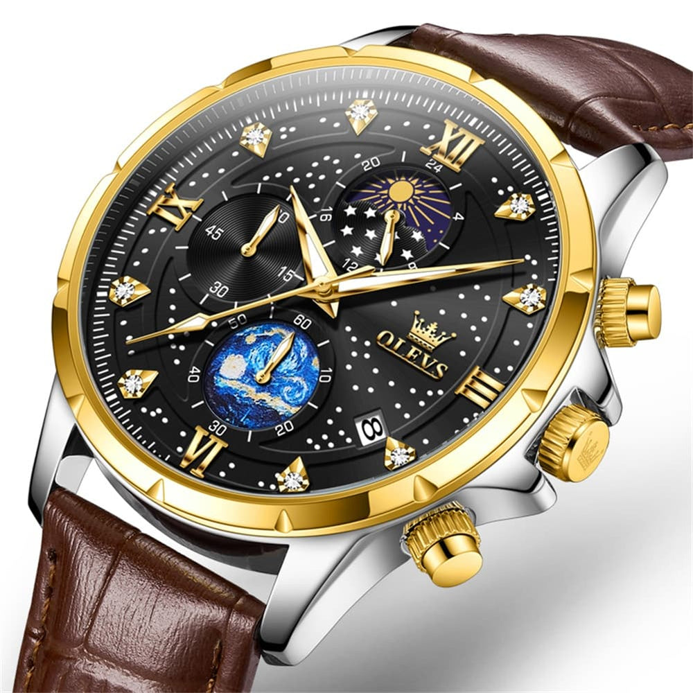 OLEVS 9807 Starry Moon Phase Chronograph Quartz Watch for Men - Two Tone Gold Blue Steel Watch | Olevs Watch Store