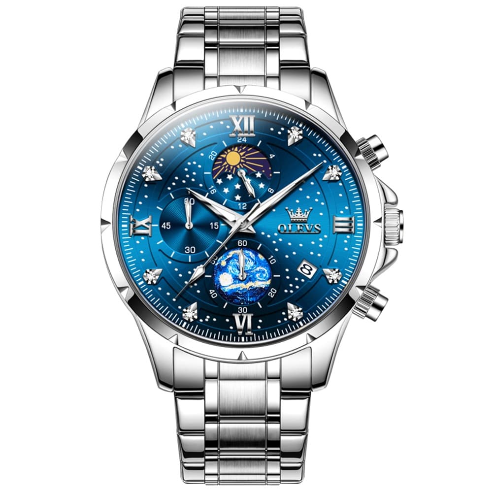 OLEVS 9807 Starry Moon Phase Chronograph Quartz Watch for Men - Two Tone Gold Blue Steel Watch | Olevs Watch Store
