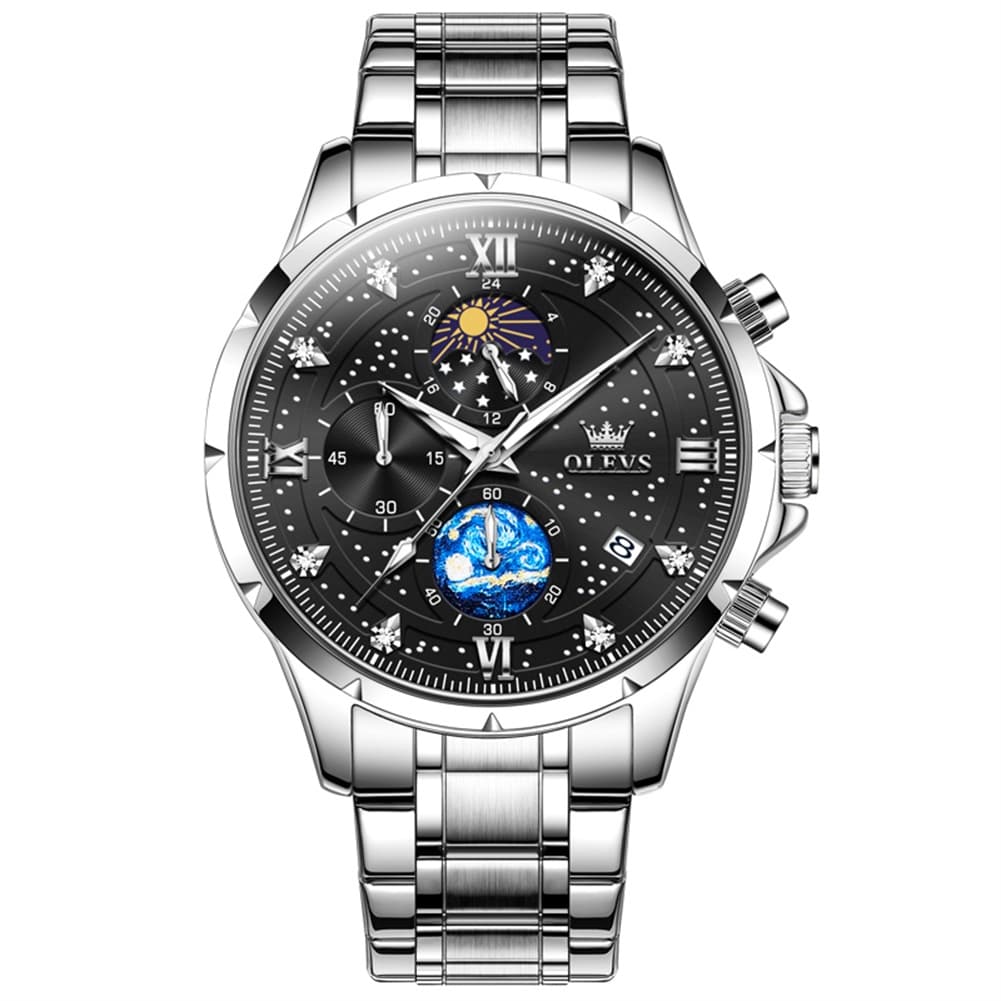 OLEVS 9807 Starry Moon Phase Chronograph Quartz Watch for Men - Two Tone Gold Blue Steel Watch | Olevs Watch Store