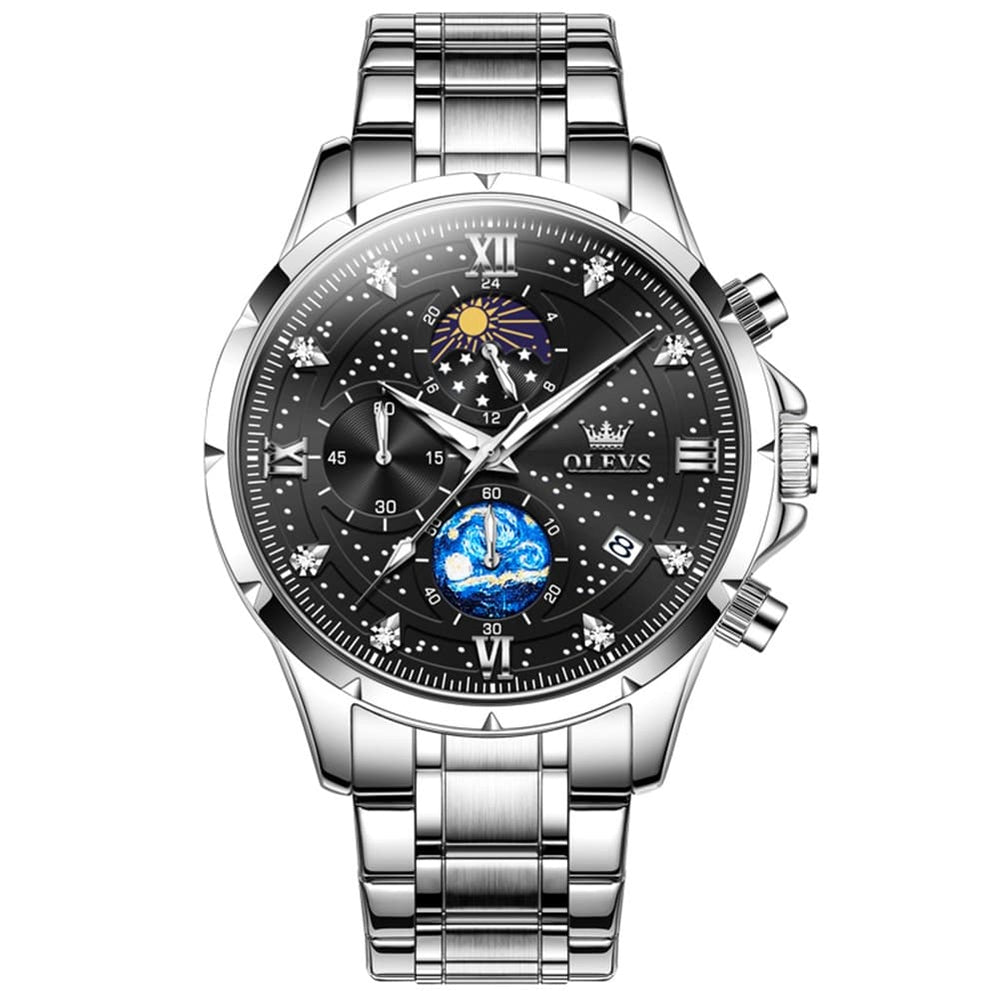 OLEVS 9807 Starry Moon Phase Chronograph Quartz Watch for Men - Two Tone Gold Blue Steel Watch | Olevs Watch Store