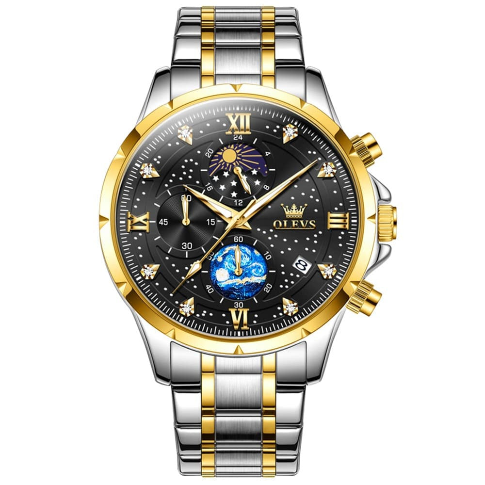 OLEVS 9807 Starry Moon Phase Chronograph Quartz Watch for Men - Two Tone Gold Blue Steel Watch | Olevs Watch Store