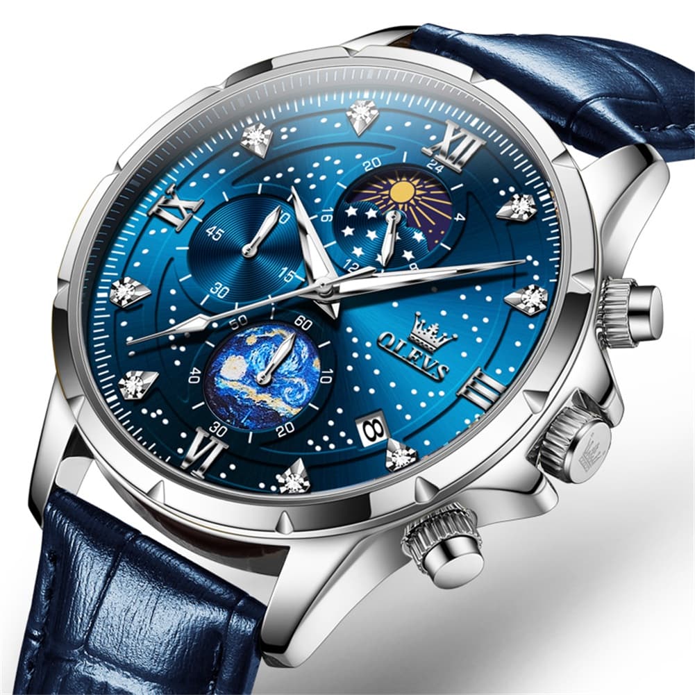 OLEVS 9807 Starry Moon Phase Chronograph Quartz Watch for Men - Black Leather Black Silver Watch | Olevs Watch Store