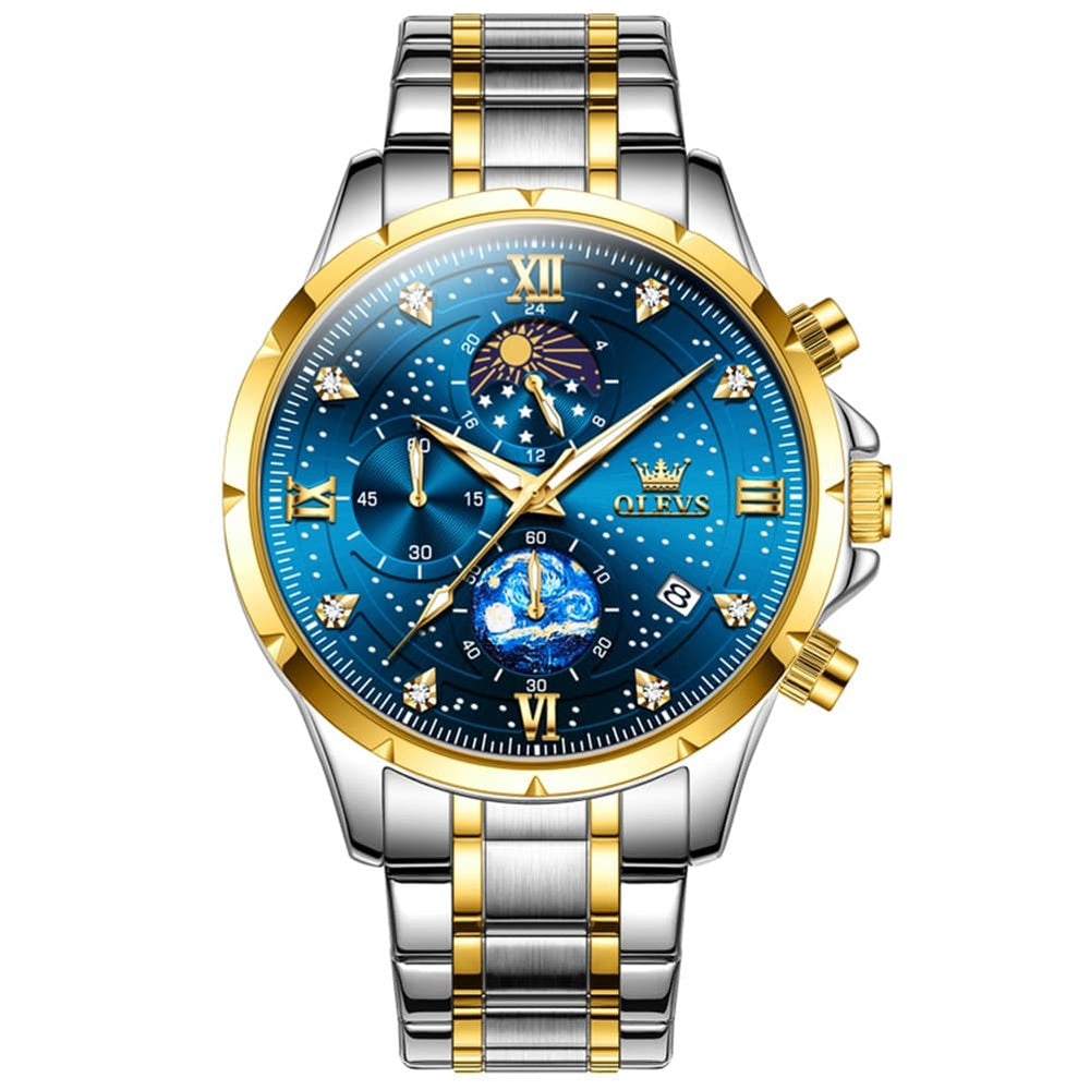 OLEVS 9807 Starry Moon Phase Chronograph Quartz Watch for Men - Two Tone Gold Blue Steel Watch | Olevs Watch Store