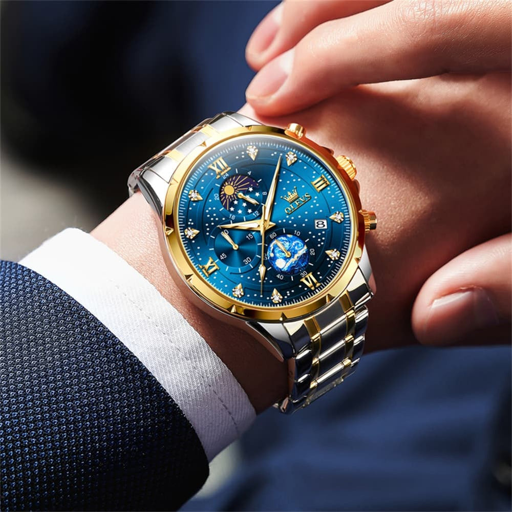 OLEVS 9807 Starry Moon Phase Chronograph Quartz Watch for Men - Two Tone Gold Blue Steel Watch | Olevs Watch Store