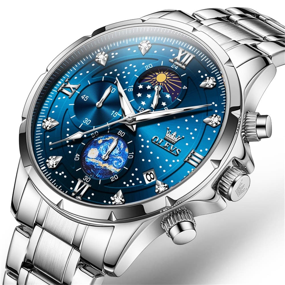 OLEVS 9807 Starry Moon Phase Chronograph Quartz Watch for Men - Black Leather Black Silver Watch | Olevs Watch Store