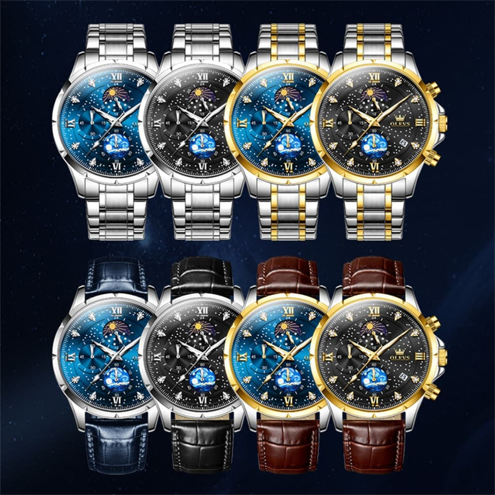 OLEVS 9807 Starry Moon Phase Chronograph Quartz Watch for Men - Black Leather Black Silver Watch | Olevs Watch Store