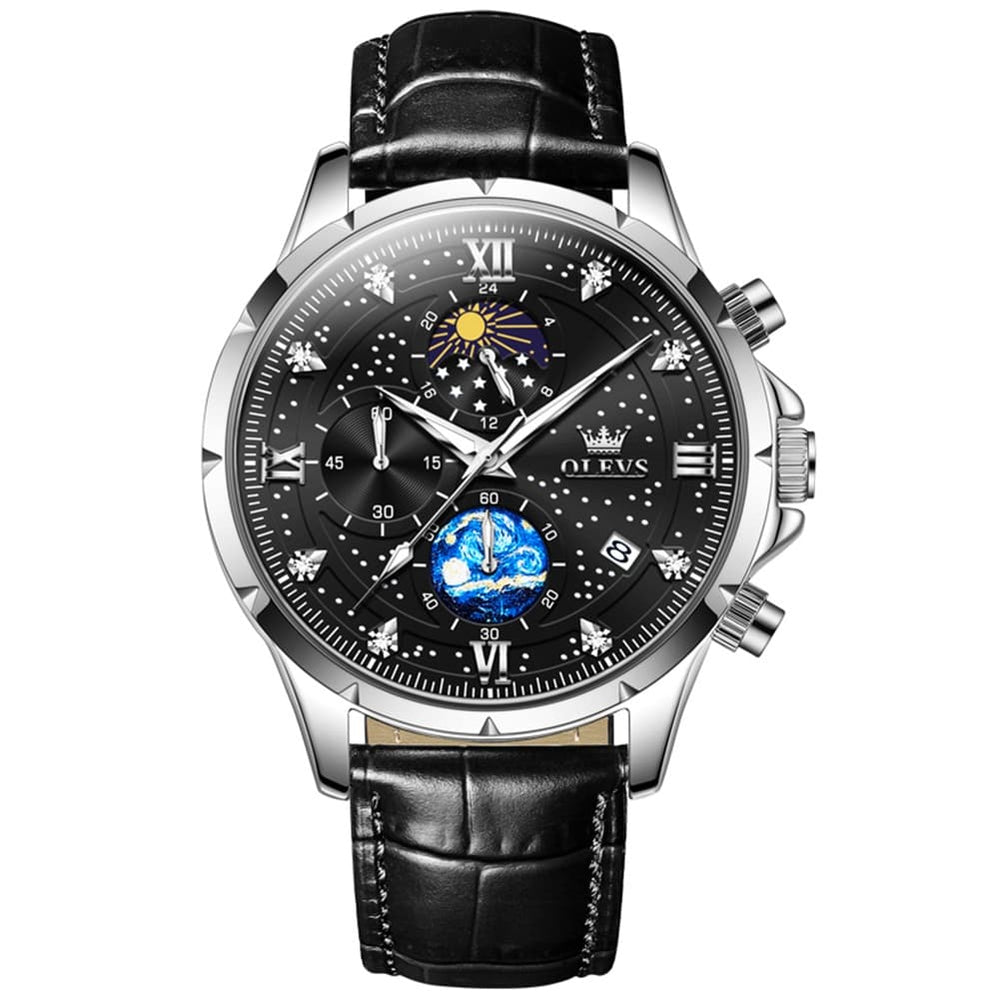 OLEVS 9807 Starry Moon Phase Chronograph Quartz Watch for Men - Two Tone Gold Blue Steel Watch | Olevs Watch Store