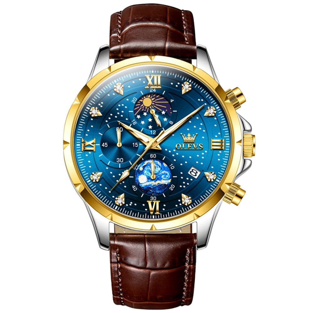 OLEVS 9807 Starry Moon Phase Chronograph Quartz Watch for Men - Two Tone Gold Blue Steel Watch | Olevs Watch Store