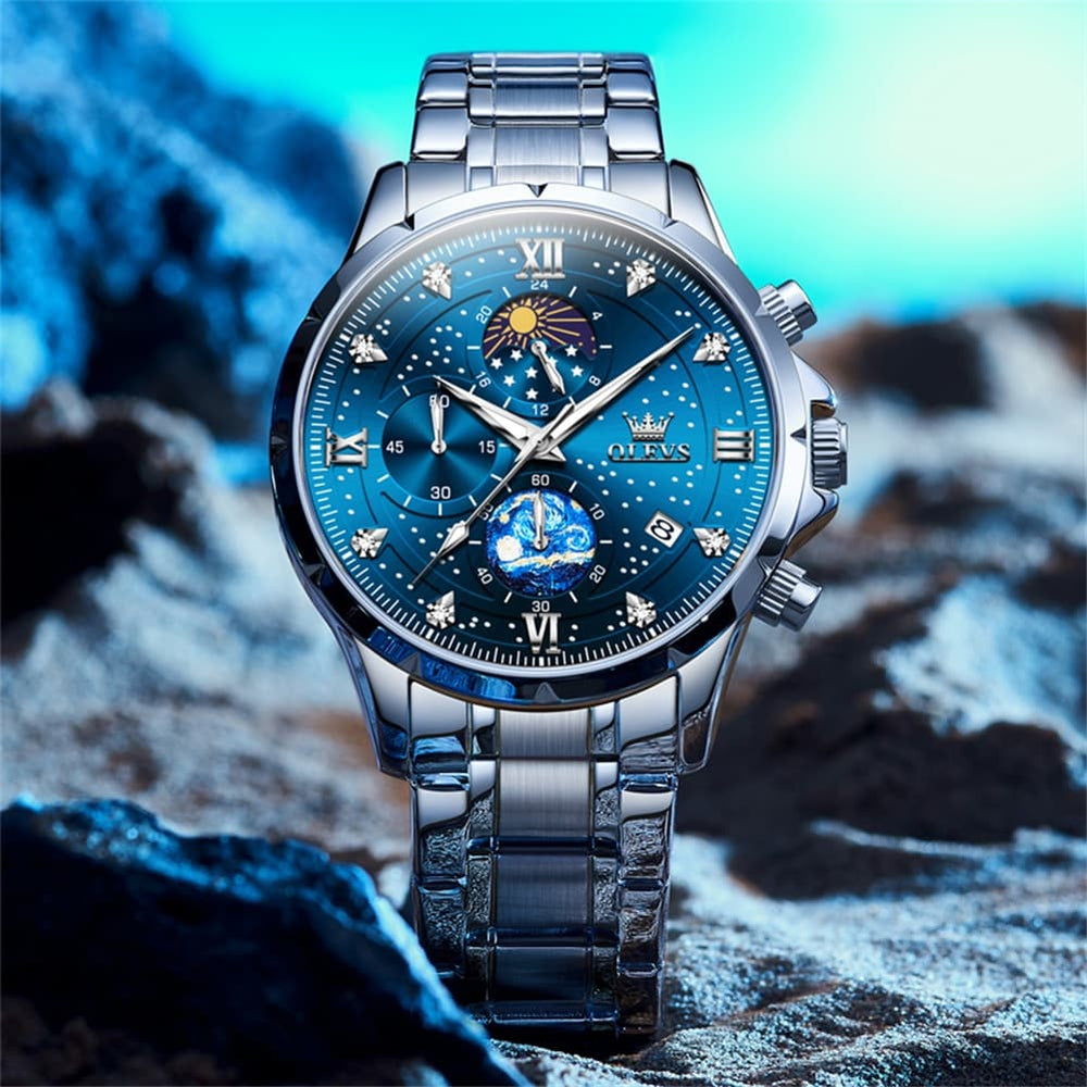 OLEVS 9807 Starry Moon Phase Chronograph Quartz Watch for Men - Black Leather Black Silver Watch | Olevs Watch Store