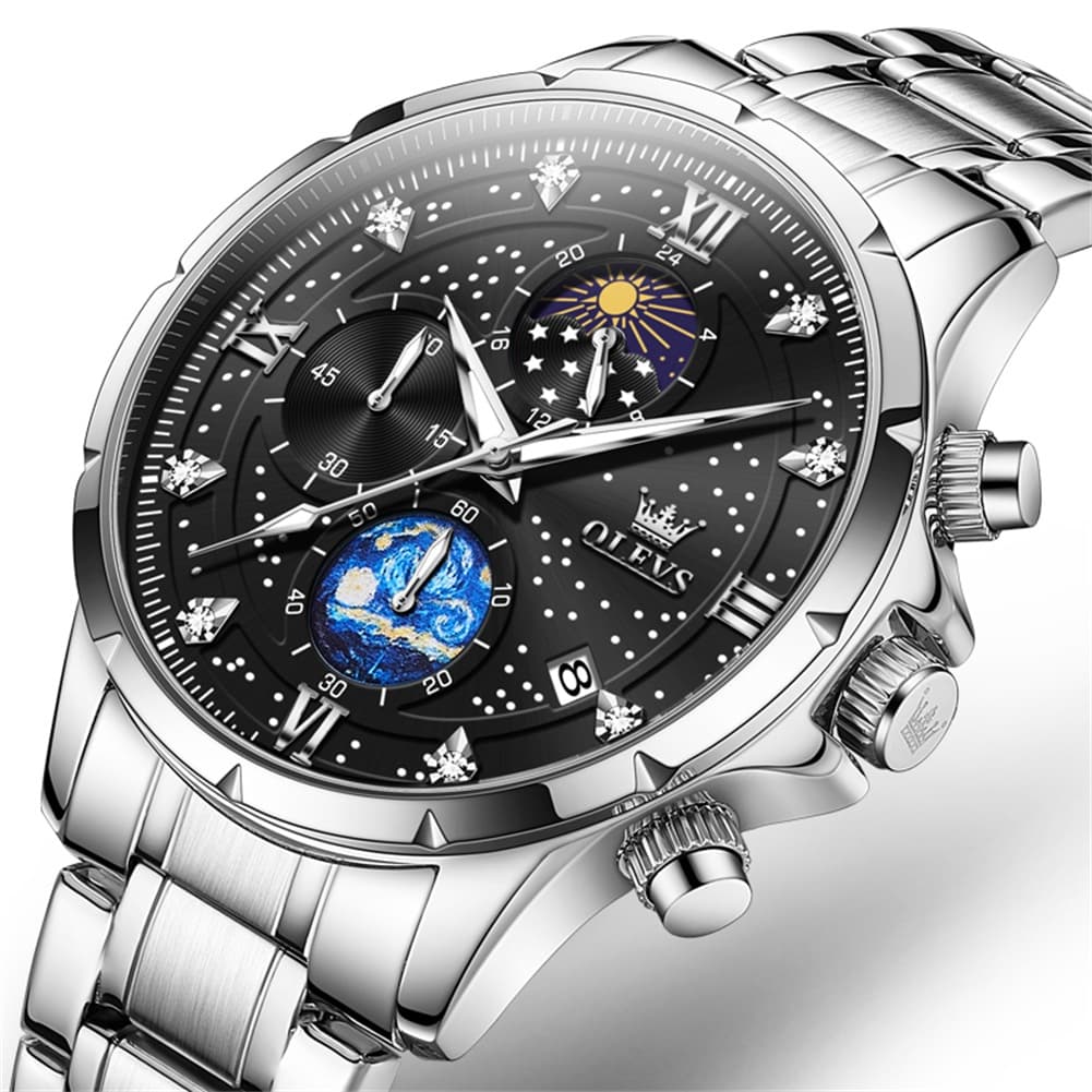 OLEVS 9807 Starry Moon Phase Chronograph Quartz Watch for Men - Two Tone Gold Blue Steel Watch | Olevs Watch Store