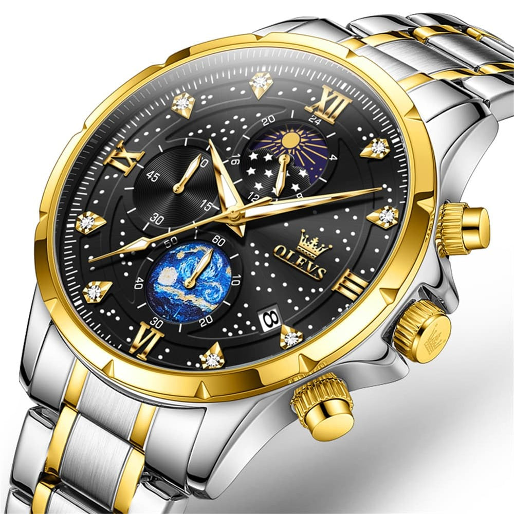 OLEVS 9807 Starry Moon Phase Chronograph Quartz Watch for Men - Black Leather Black Silver Watch | Olevs Watch Store