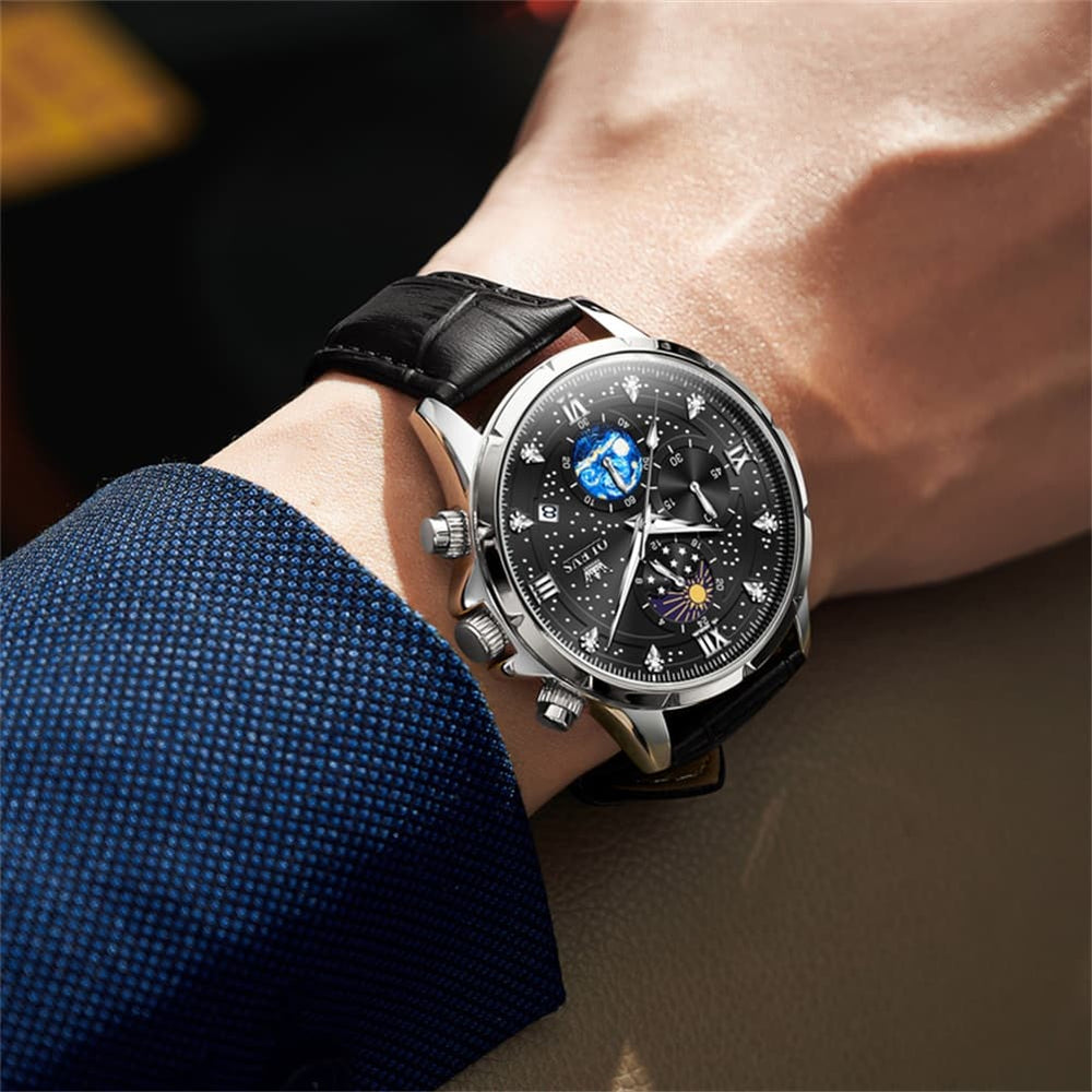OLEVS 9807 Starry Moon Phase Chronograph Quartz Watch for Men - Two Tone Gold Blue Steel Watch | Olevs Watch Store