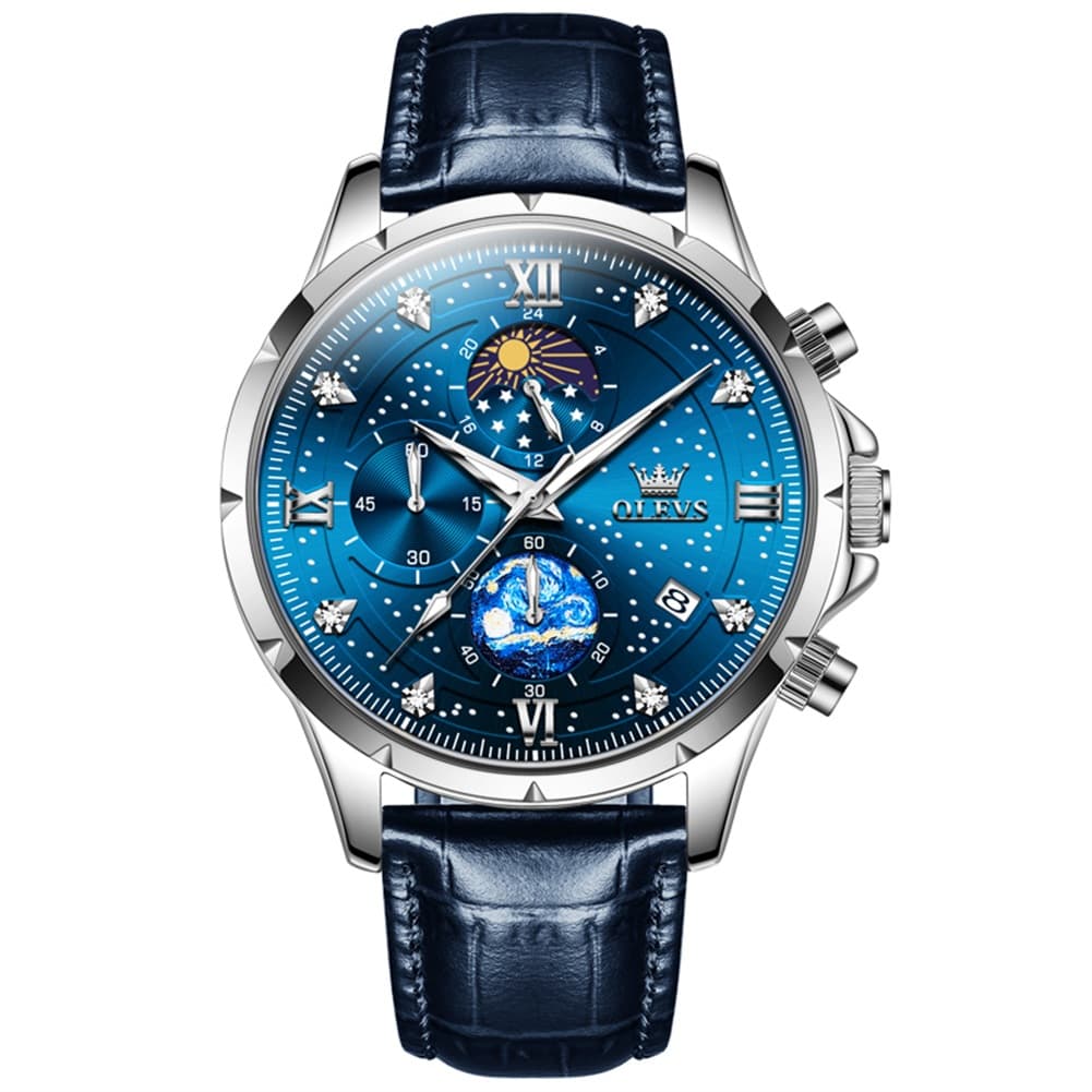 OLEVS 9807 Starry Moon Phase Chronograph Quartz Watch for Men - Two Tone Gold Blue Steel Watch | Olevs Watch Store