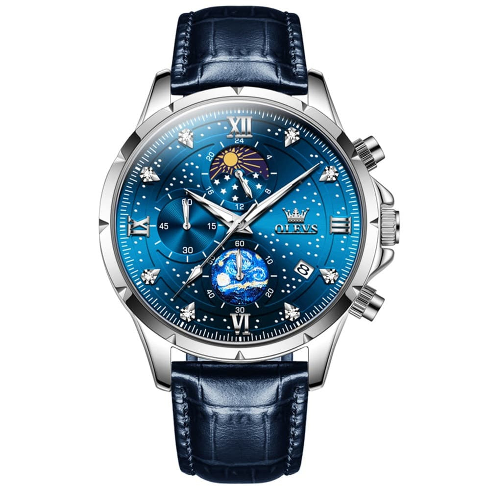 OLEVS 9807 Starry Moon Phase Chronograph Quartz Watch for Men - Two Tone Gold Blue Steel Watch | Olevs Watch Store