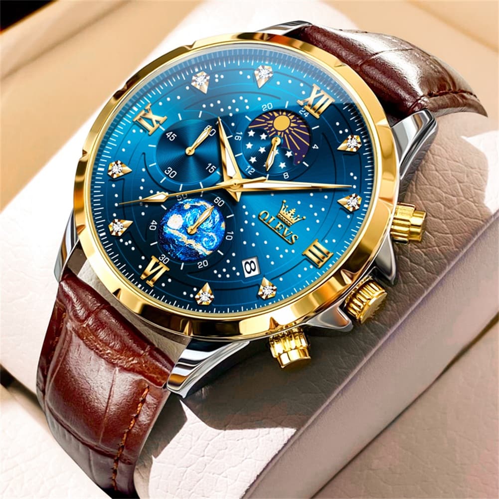 OLEVS 9807 Starry Moon Phase Chronograph Quartz Watch for Men - Brown Leather Blue Gold Watch | Olevs Watch Store