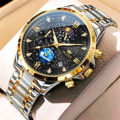 OLEVS 9807 Starry Moon Phase Chronograph Quartz Watch for Men - Two Tone Gold Black Steel Watch | Olevs Watch Store