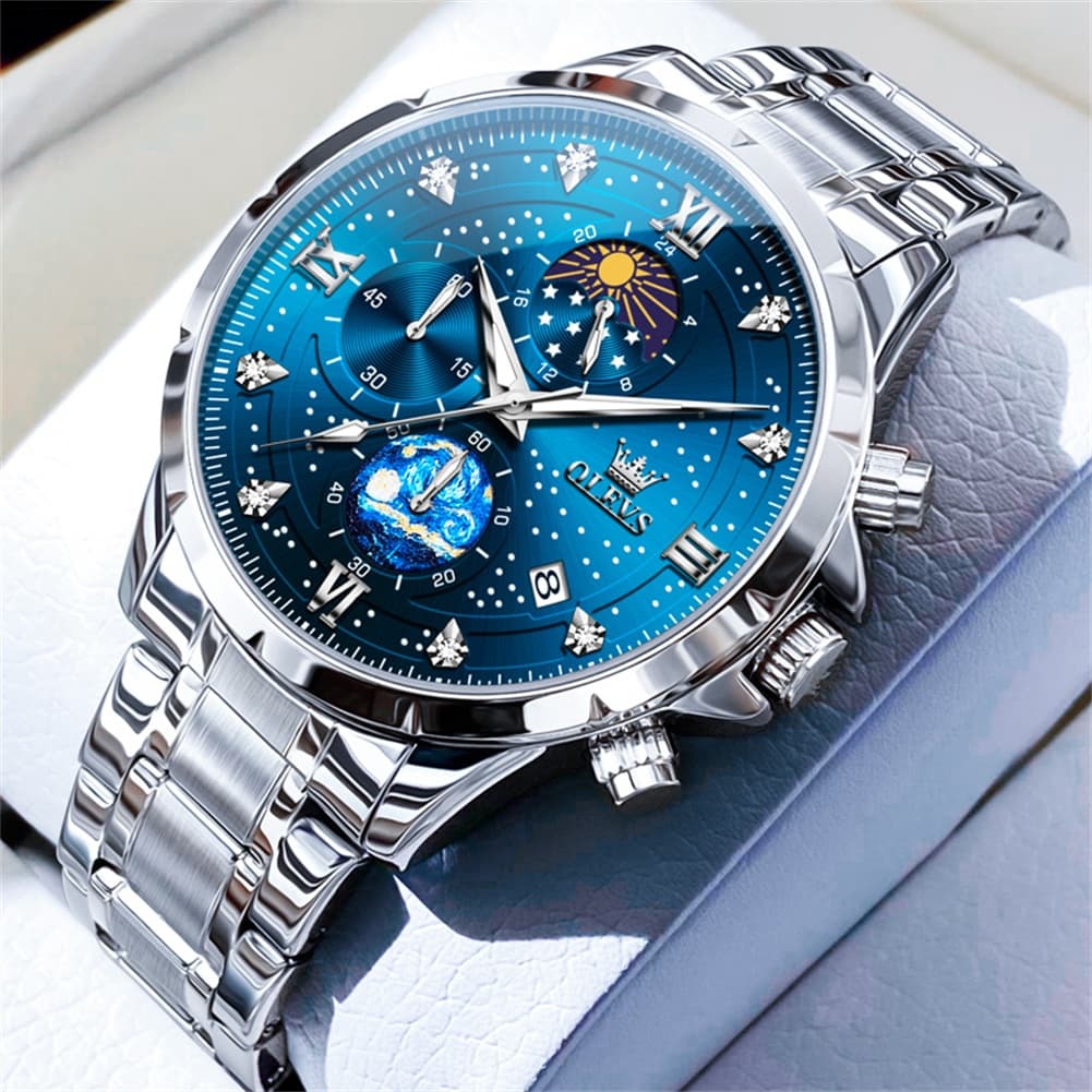 OLEVS 9807 Starry Moon Phase Chronograph Quartz Watch for Men - Silver Blue Steel Watch | Olevs Watch Store