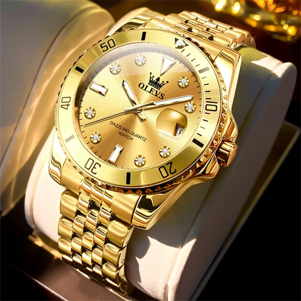 OLEVS 9809 Rotating Bezel Diamond Dial Stainless Steel Quartz Watch for Men - All Gold Watch | Olevs Watch Store