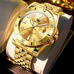OLEVS 9809 Rotating Bezel Diamond Dial Stainless Steel Quartz Watch for Men - All Gold Watch | Olevs Watch Store