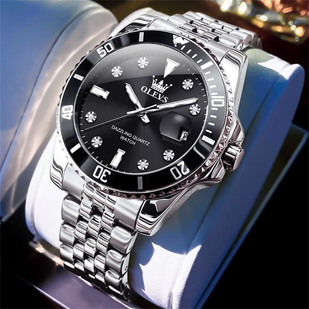 OLEVS 9809 Rotating Bezel Diamond Dial Stainless Steel Quartz Watch for Men - Silver Black Watch | Olevs Watch Store