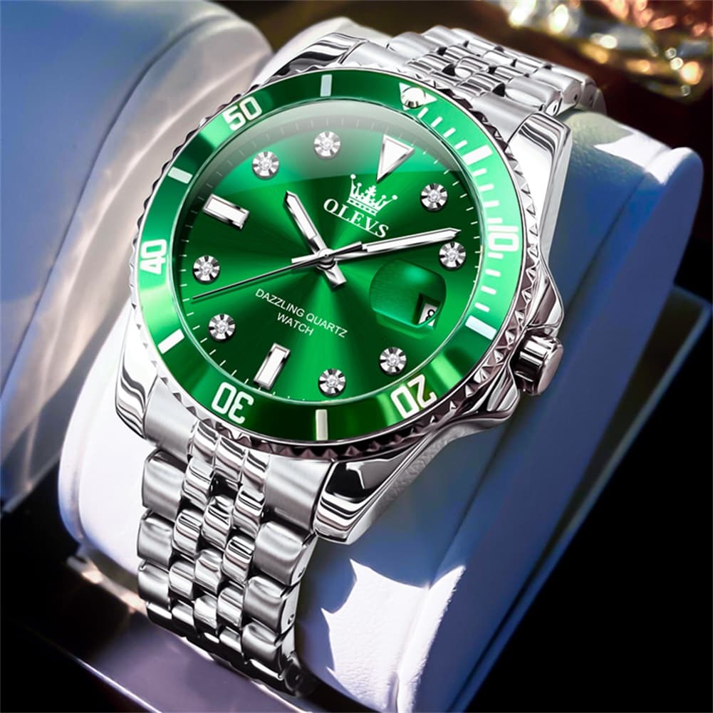OLEVS 9809 Rotating Bezel Diamond Dial Stainless Steel Quartz Watch for Men - Silver Green Watch | Olevs Watch Store