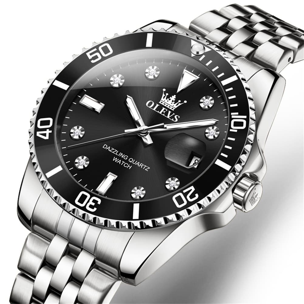 OLEVS 9809 Rotating Bezel Diamond Dial Stainless Steel Quartz Watch for Men - Silver Red Watch | Olevs Watch Store